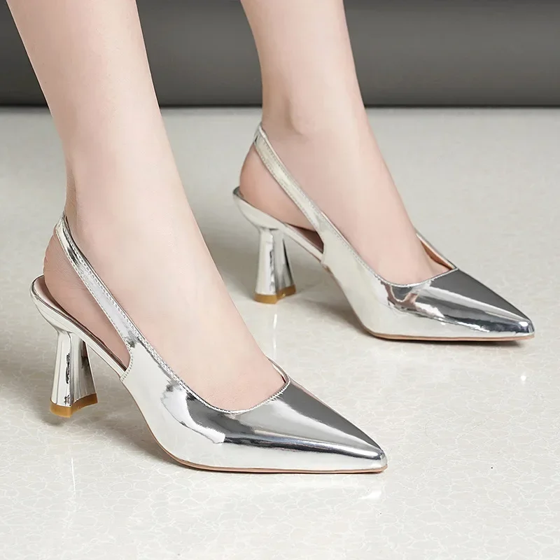 

Sandals Women Mules Pointed Toe Shoes Female Wedding Shoes Sliver Outdoor Thin Heels Slides Ladies Sandalias De Mujer 2023