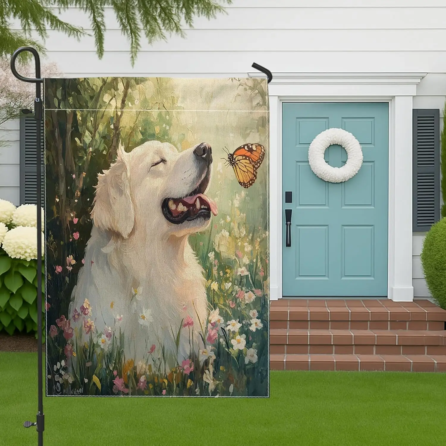 Spring Great Pyrenees Dog Front Yard Backyard Burlap Garden Flags 12x18 Double Sided for Outside, Funny Butterflies Pattern  AAS