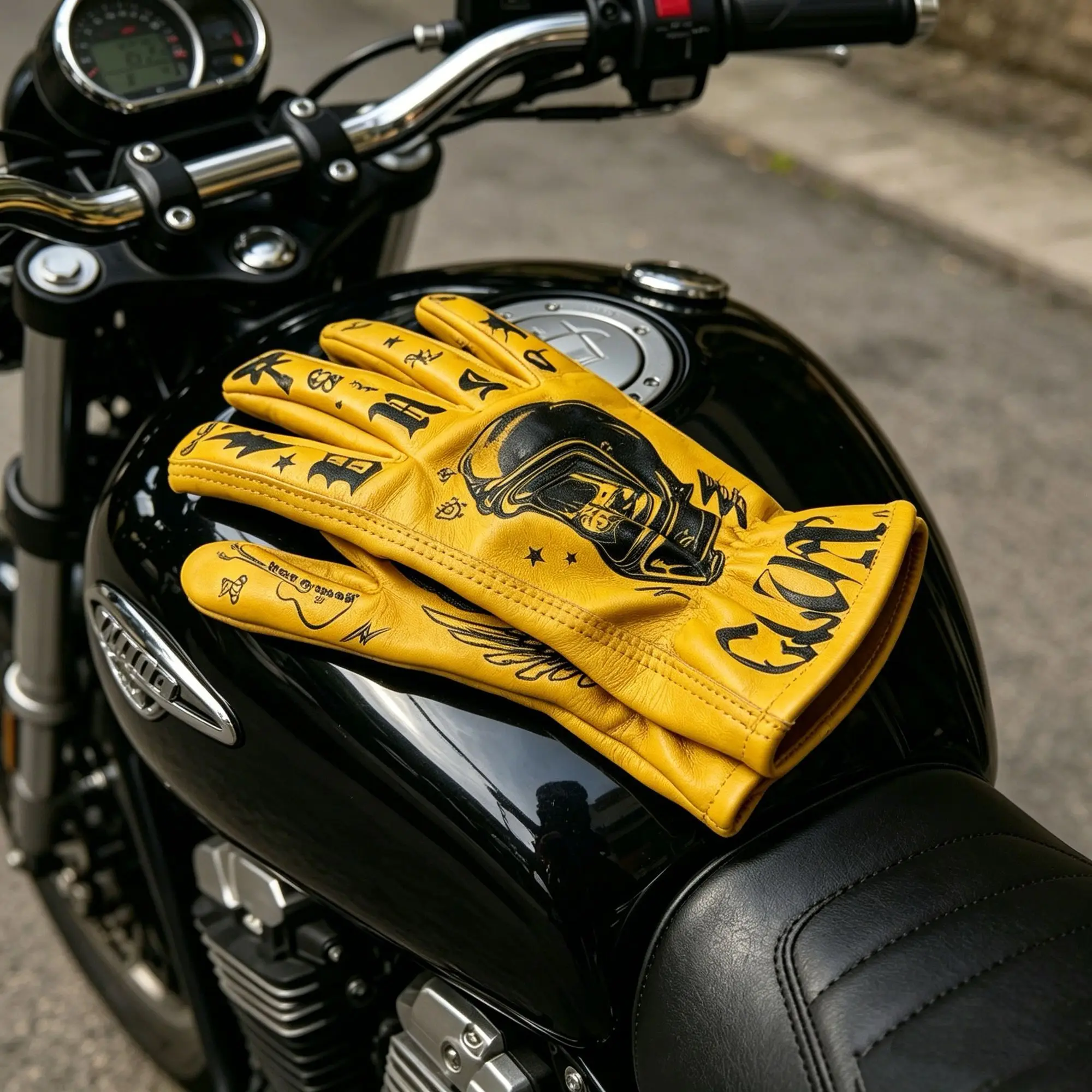Genuine Cowhide Leather Motorcycle Gloves, Anti-Slip Graffiti Cool Design — Men's Riding Gloves For Outdoor Moto, Durable Sport