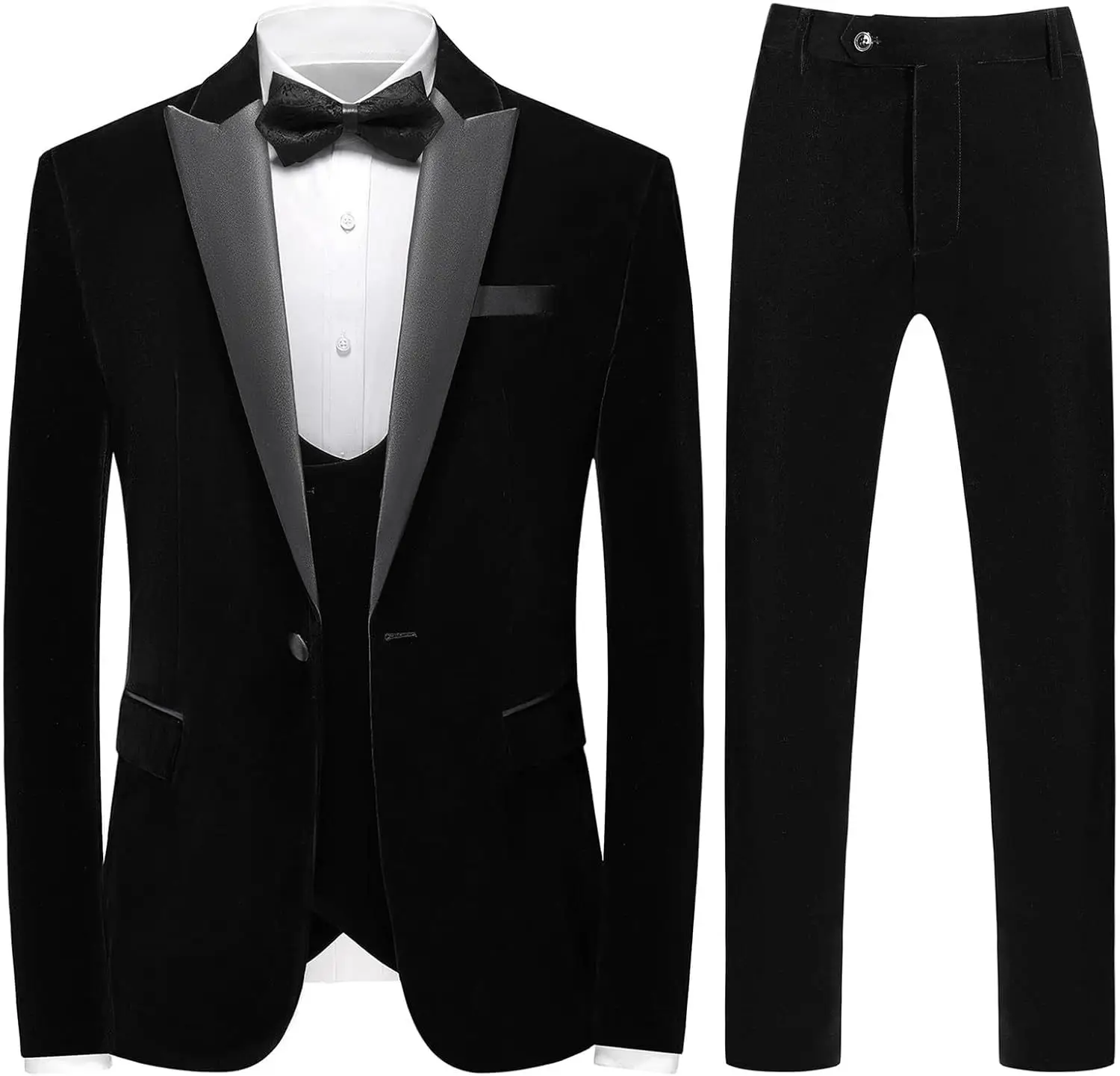 

Men's Korean Style Velvet Suit 3 Piece Set with Satin Trim Slim Fit Formal Business Suit for Weddings Parties.