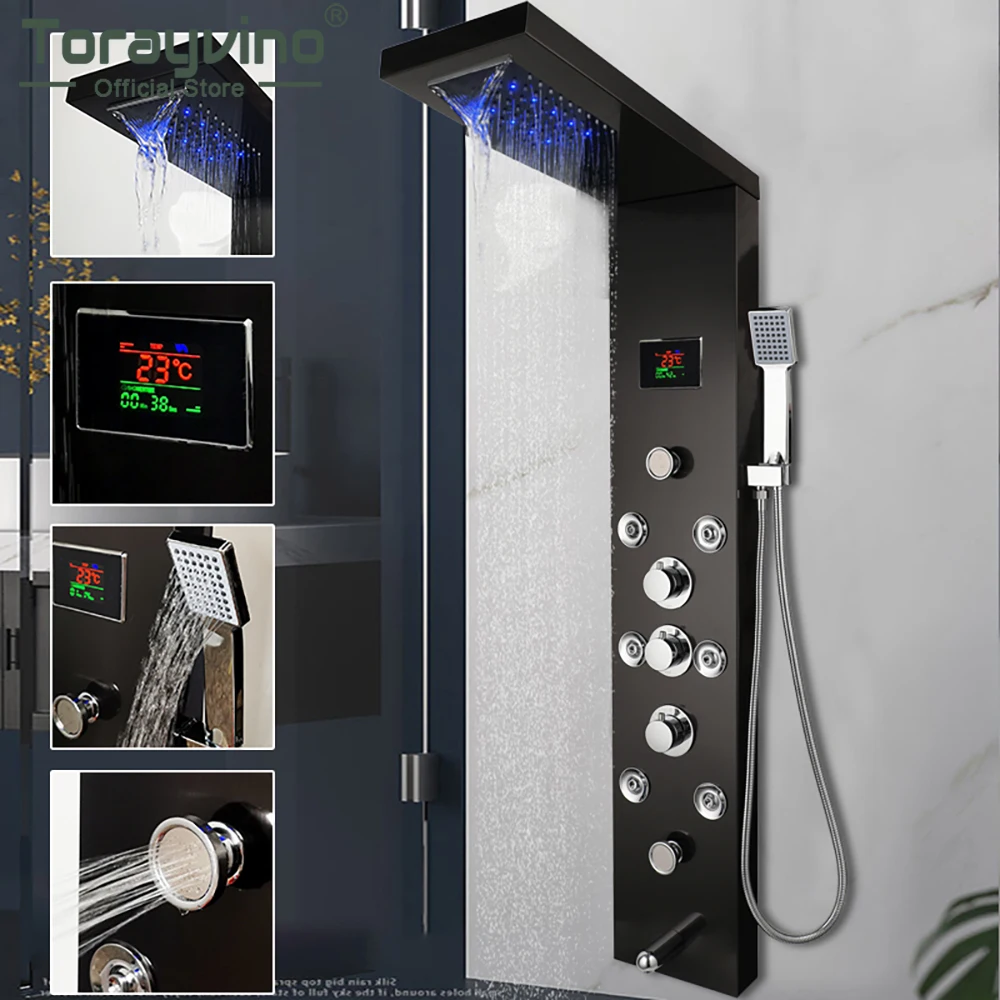 Torayvino Shower Panel System Rainfall Waterfall w/ Handheld Spray Body Massage Jets Digital Temperature Display Shower Column