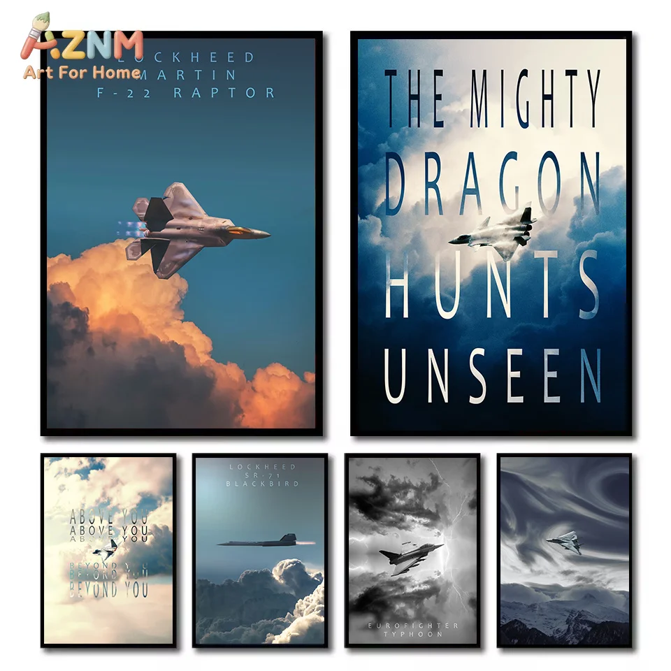 AZNM Military Fighter Jet Canvas Wall Art F-22 SR-71 Eurofighter Cloud Sky Aircraft Print Boys Room Man Cave Unframed Canvas Pos