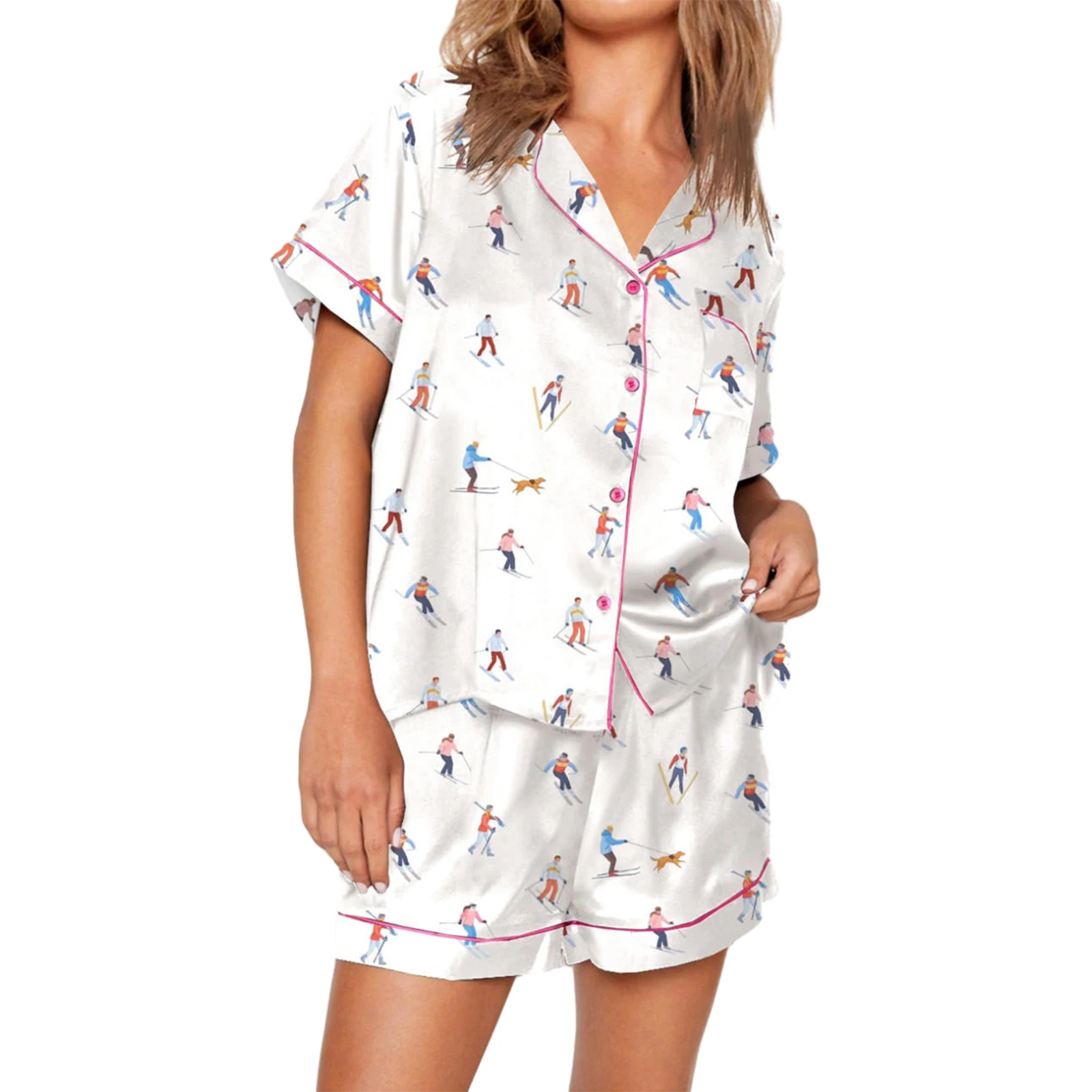 Cute Preppy Silk Pajama Sets for Women 2 Piece Loungewear Y2K Short Sleeve Cowboy Boots Floral Printed Blouse Top Sleepwear