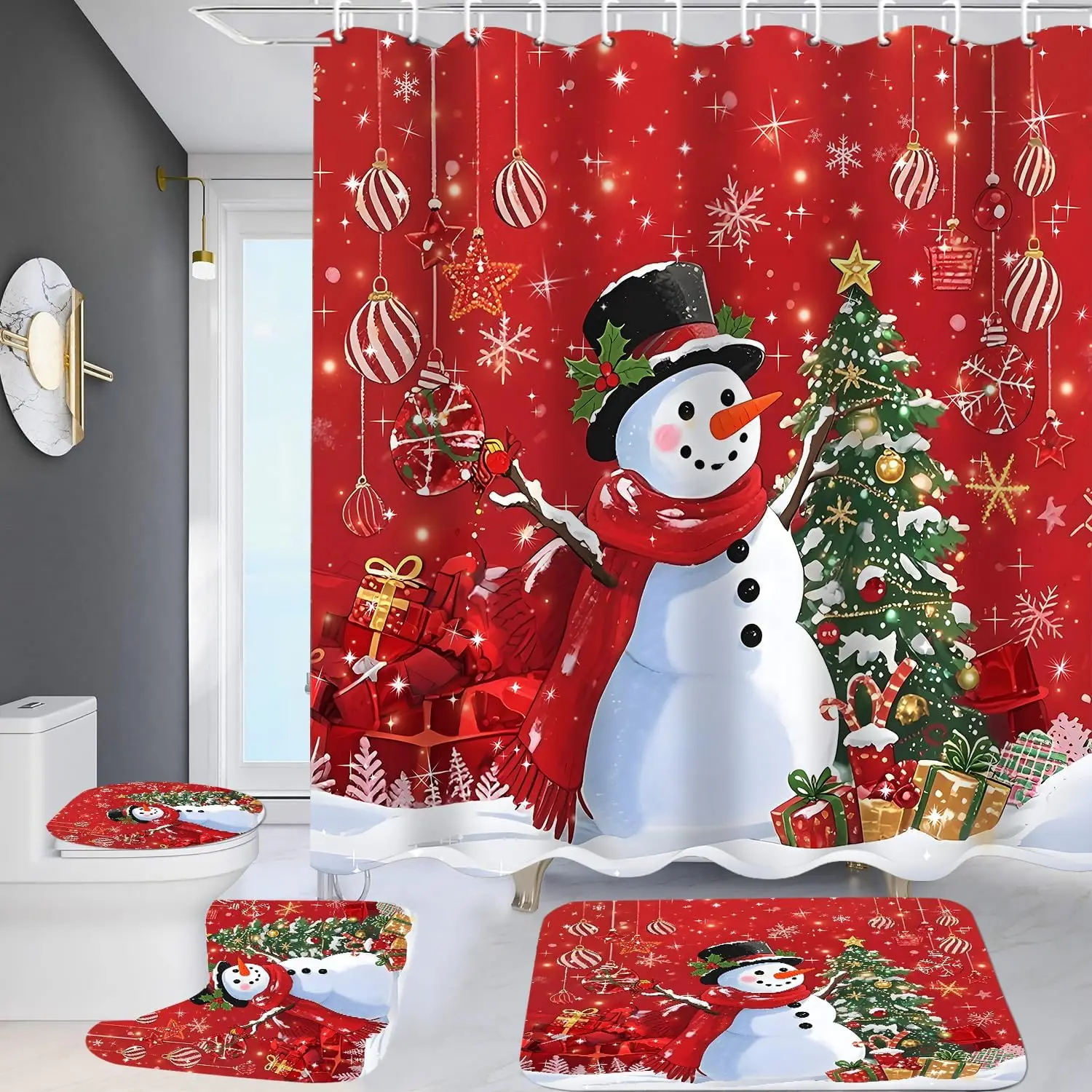 

4 шт. Рождественский комплект занавесок для душа с ковриками Снежный человек Наборы для ванной комнаты Цветочная занавеска для душа с 12 крючками Декор для ванной комнаты с ковриками