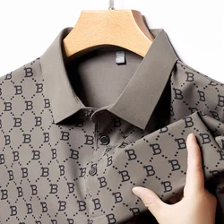 Men's New 2024 Summer Letter Printed Ice Silk Business Polo Shirt Casual Traceless Breathable Lapel T-Shirt Top  Men's Clothing