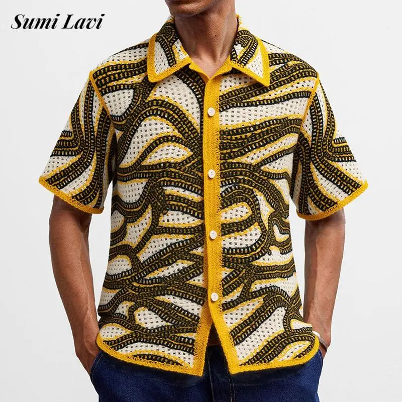 

Винтажные полосатые вязаные крючком мужские рубашки с коротким рукавом и отложным воротником на пуговицах, повседневная рубашка, лето 2025 г., повседневная рубашка для отдыха