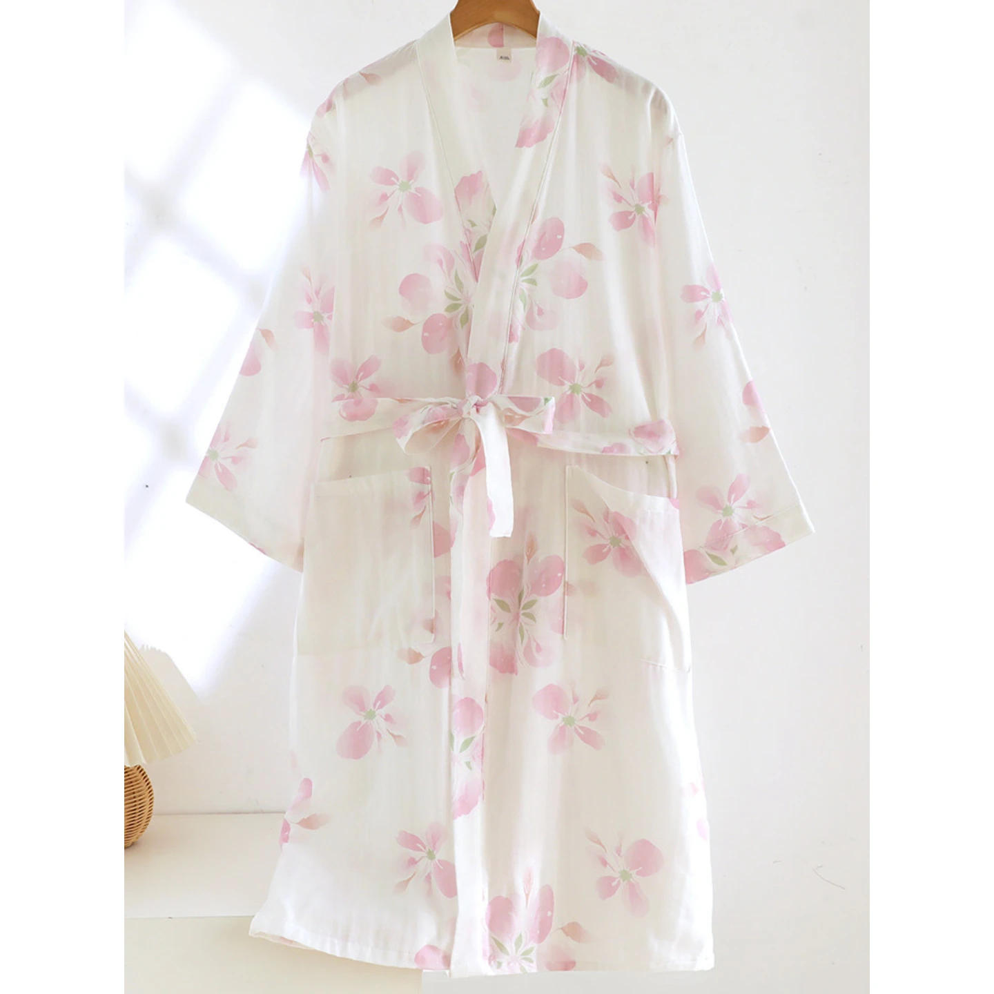 Romantic Cherry Blossom Women‘s Cotton Double Gauze Kimono Robe, Open-Front Tie-Front & Loose Fit, Breathable Lightweight Spring
