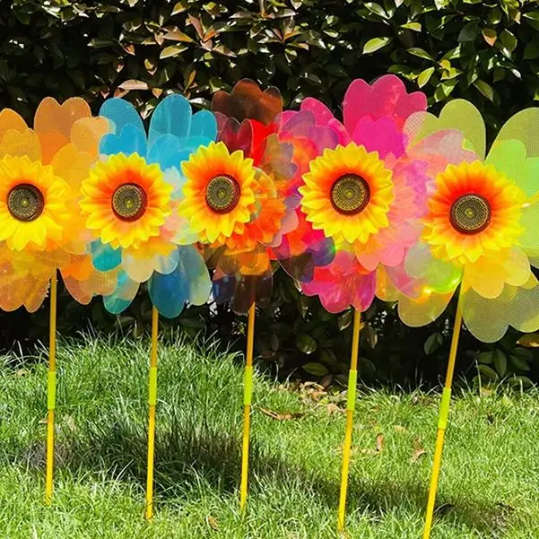 

〔HBA24〕1Pcs Stake Standing Lawn Flower Pinwheel Double Layer Color Film Sunflower Windmill Rotating Sunflower Wind Spinner