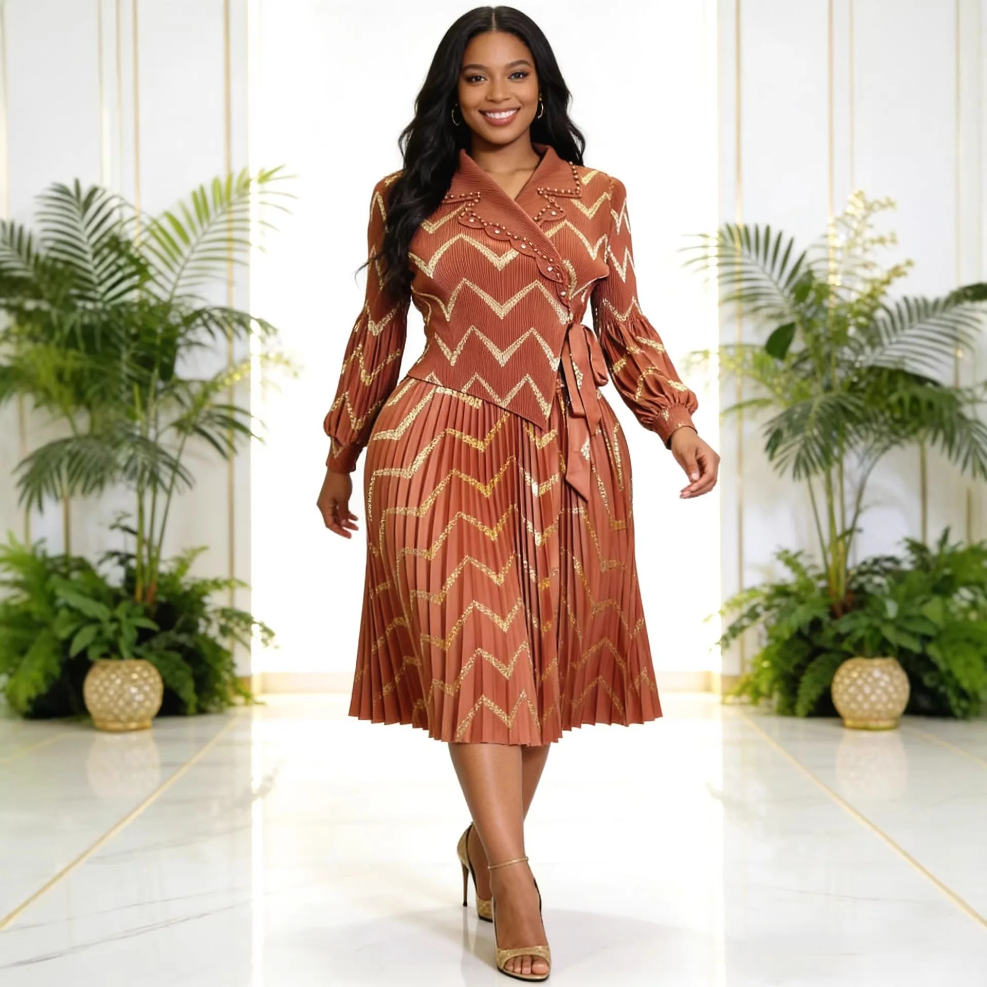 

Miyake Pleated Women's Gold Foil Printing Dress Fashion Feather Rhinestone Blazer Collar Elegant Fake Two Pieces Tie Clothing