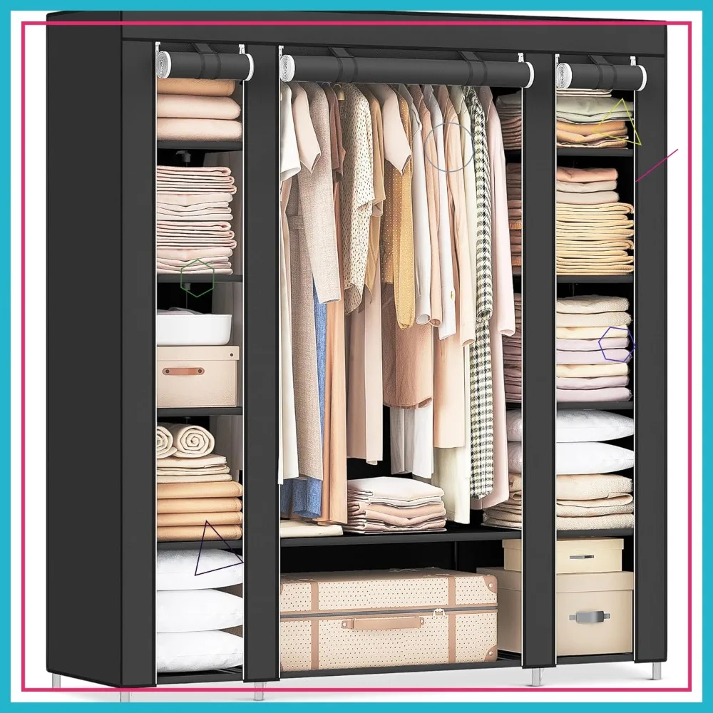 

Портативный шкаф-гардероб с нетканым чехлом, 12 отделений для хранения вещей в спальне, черный, 59x17.7x69 дюймов