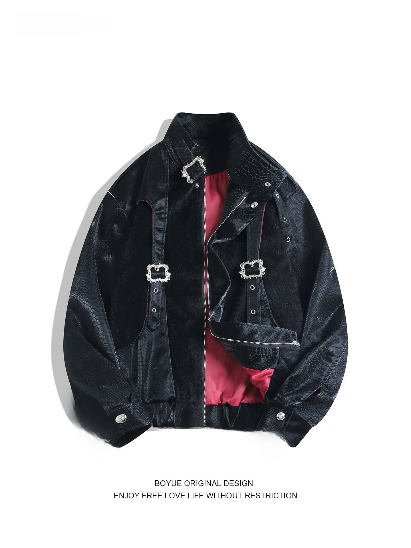 

Boyue Men's Casual Snake Skin Print Patchwork Jaet Metal Bule Motorcycle Sle Hip Hop Leisure Leather Coat Stand Collar