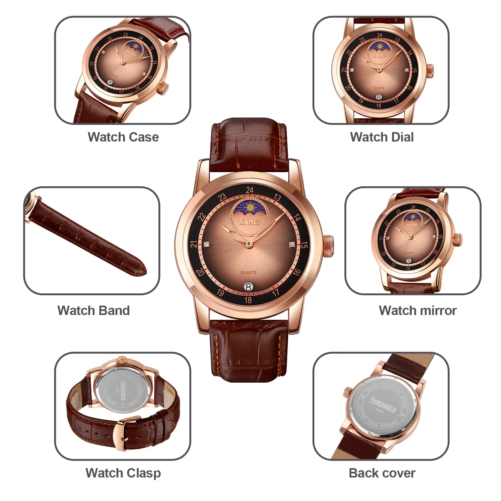 Watches for Men SKMEI Brand Fashion 2 Needle Brown Quartz Watch Luxury Leather Waterproof Moon Phase Wristwatch reloj de hombre