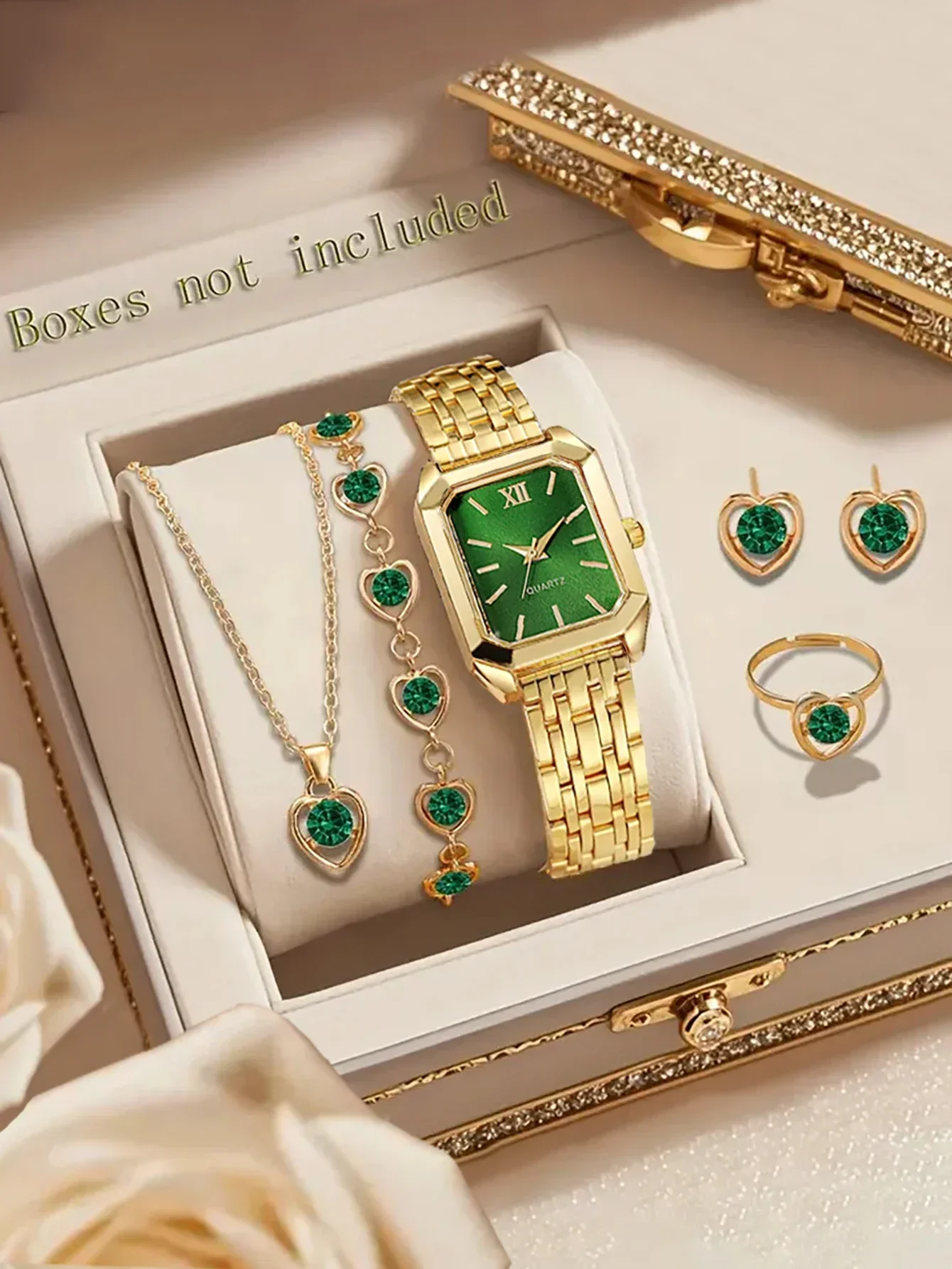 Women Pink Heart Rhinestone Watch Jewelry Set Gold Square Quartz Watch Necklace Bracelet Earring Ring Gift