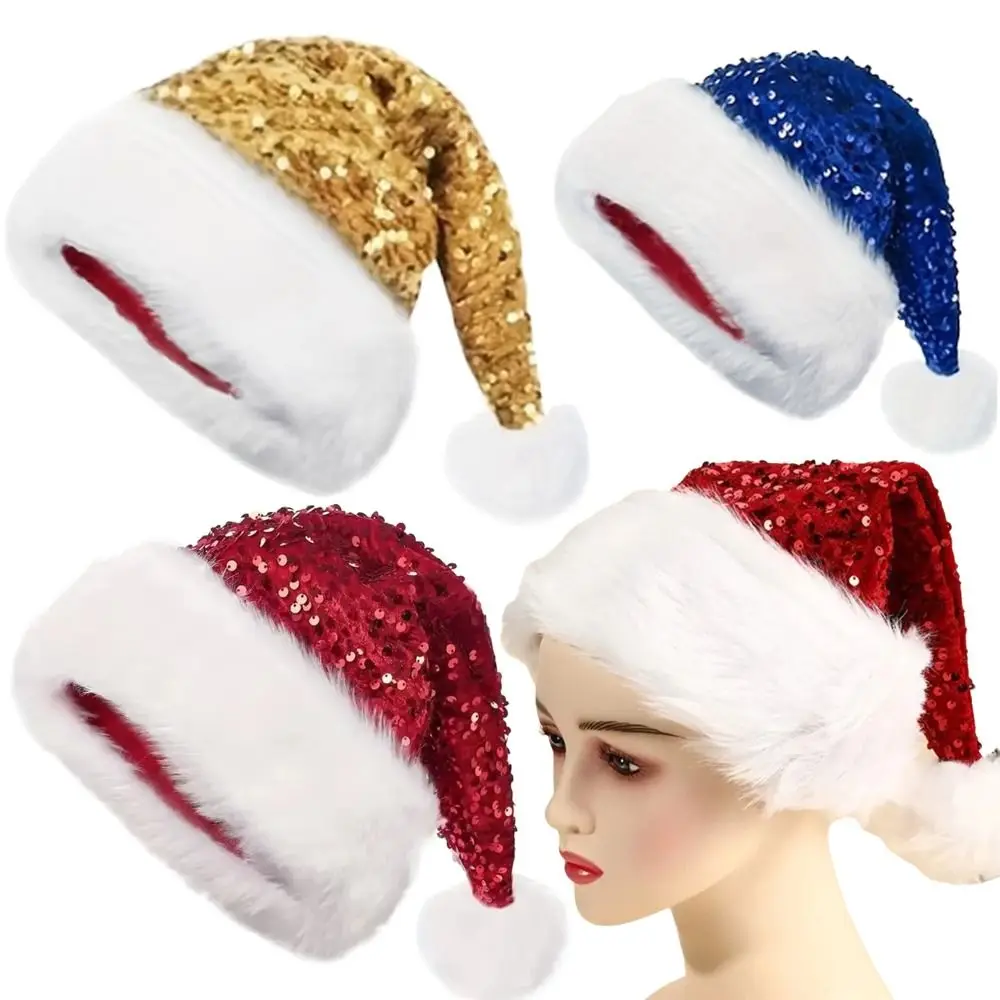 Neue rote glitzernde Weihnachts-Weihnachtsmann-Mütze, glitzernde, extra dicke Pailletten-Weihnachtsmütze, weicher Samt, Neujahrs-Weihnachtsmütze, Unisex