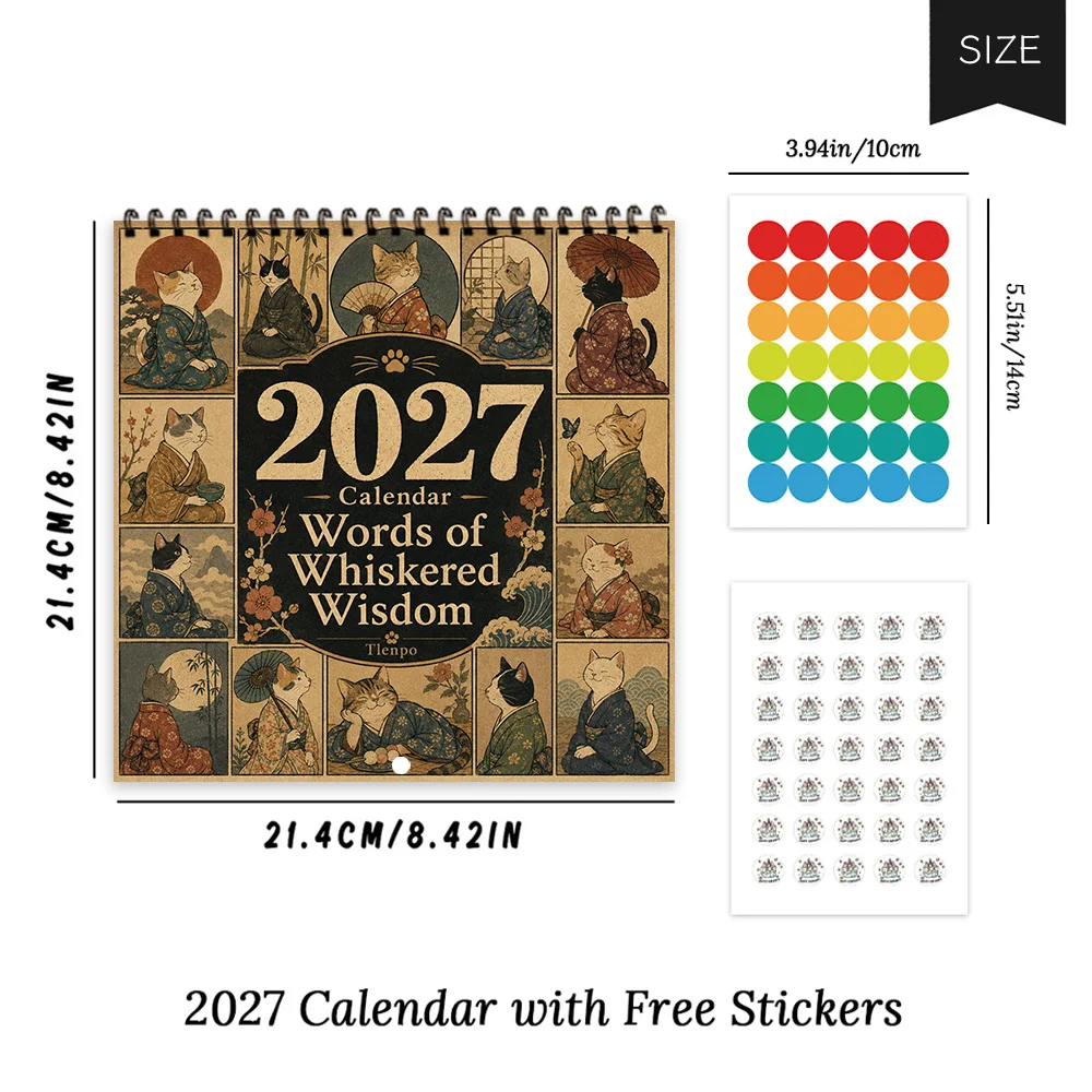 1pc 2027 Japanese  Funny Quote Wall Calendar,12‑Month Planner,Gift For Back‑to‑School,Christmas,New Year,Free Stickers Included