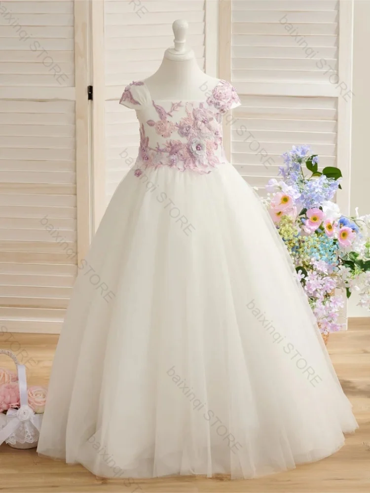 

Ivory Tulle Appliques Flower Girl Dress Can Custom Size Color Elegant Kids Formal Occasion Dress Wedding Birthday Prom New Gown