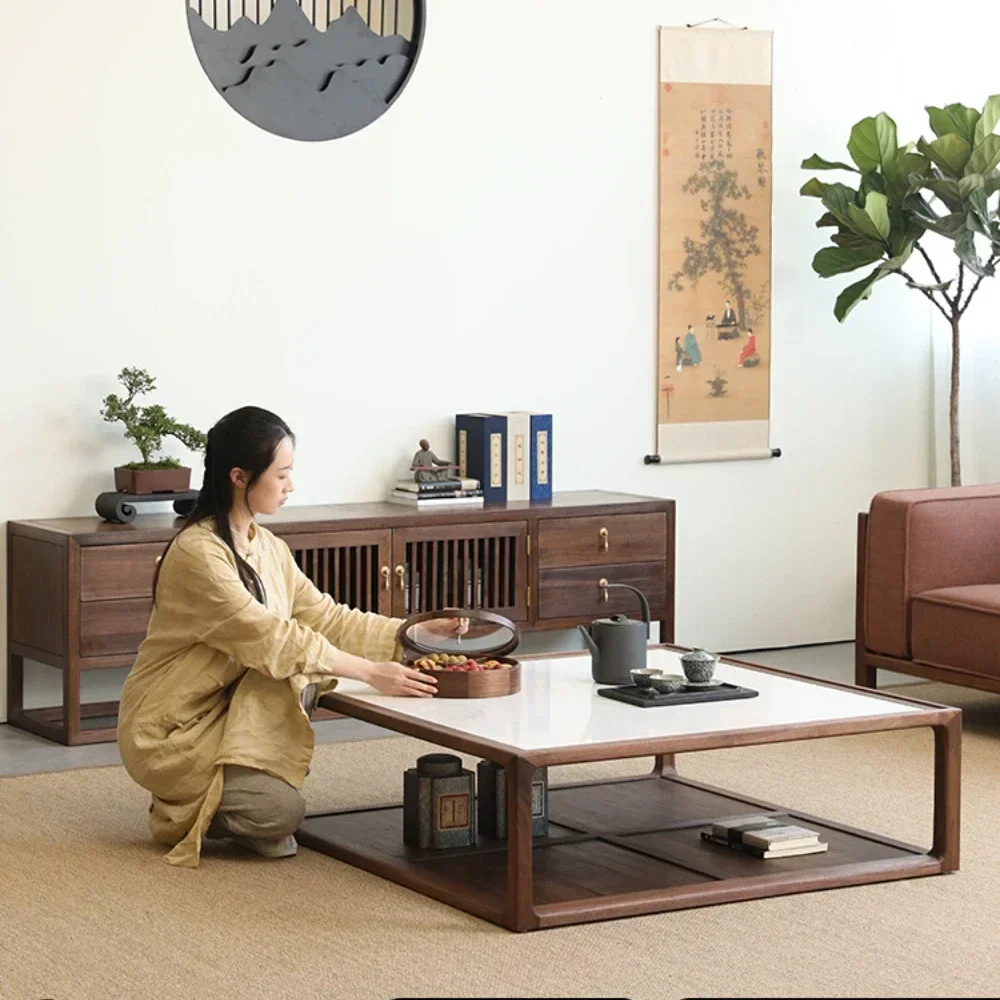 

Solid Wood Marble Tea Table Square New Chinese Style Large Apartment Nordic Living Room Log Low Table