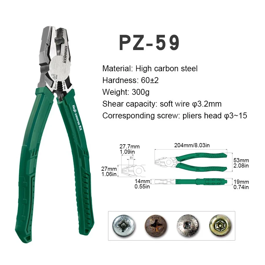 ENGINEER PZ-59 204mm Screw Removal Pliers Multi-function Pliers Wire Cutter Screw Plier Heavy Duty Gripping Pliers Repair Tools