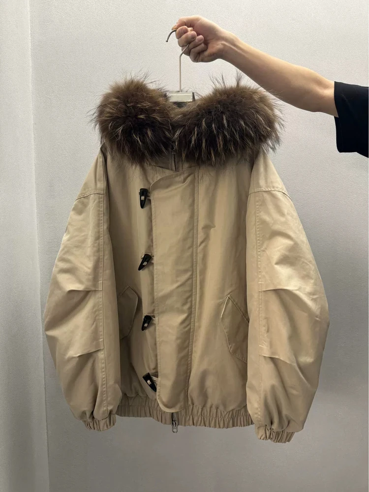 Retro Sle Women's down Jaet with Hood And Fur Collar Loose Fit ort Coat Button Closure Warmth Thi Du down Filling