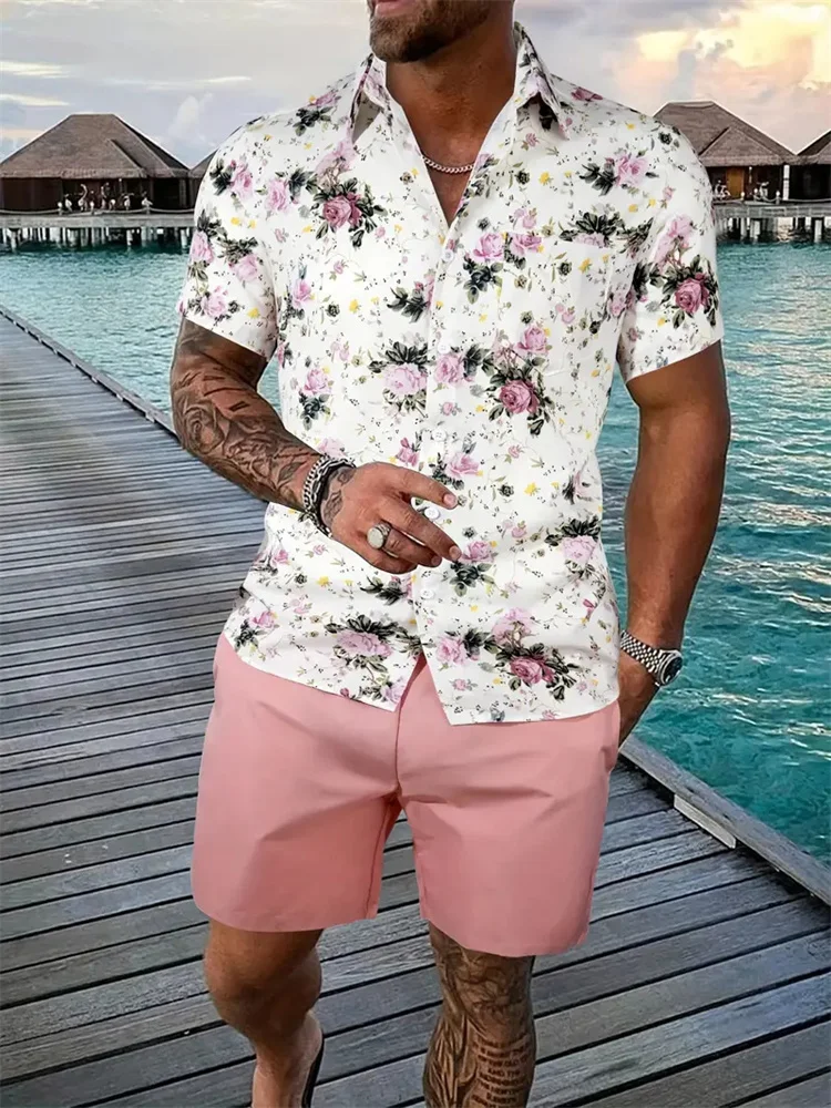 2024 Men\'s Shirt Shorts Set Two Piece 3D Leaf Print Men\'s Shirt Short Sleeve Casual Beach Pants Street Vacation Hawaiian Style