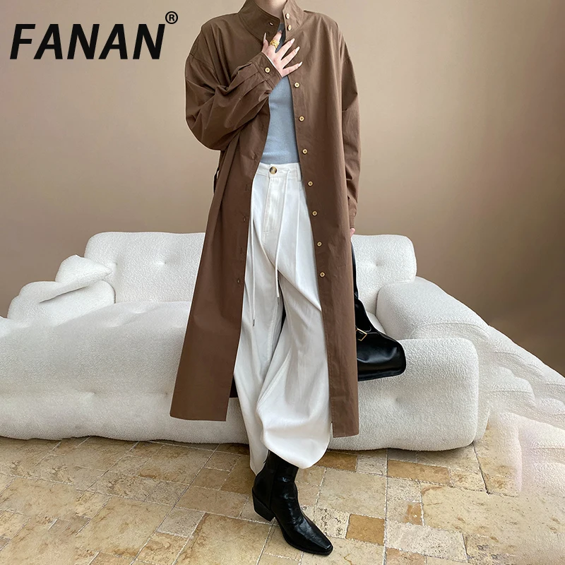 

FANAN элегантный однобортный плащ со стойкой для женщин, длинная ветровка с поясом и присборенной талией, офисные женские пальто, новинка осени 2023 г.