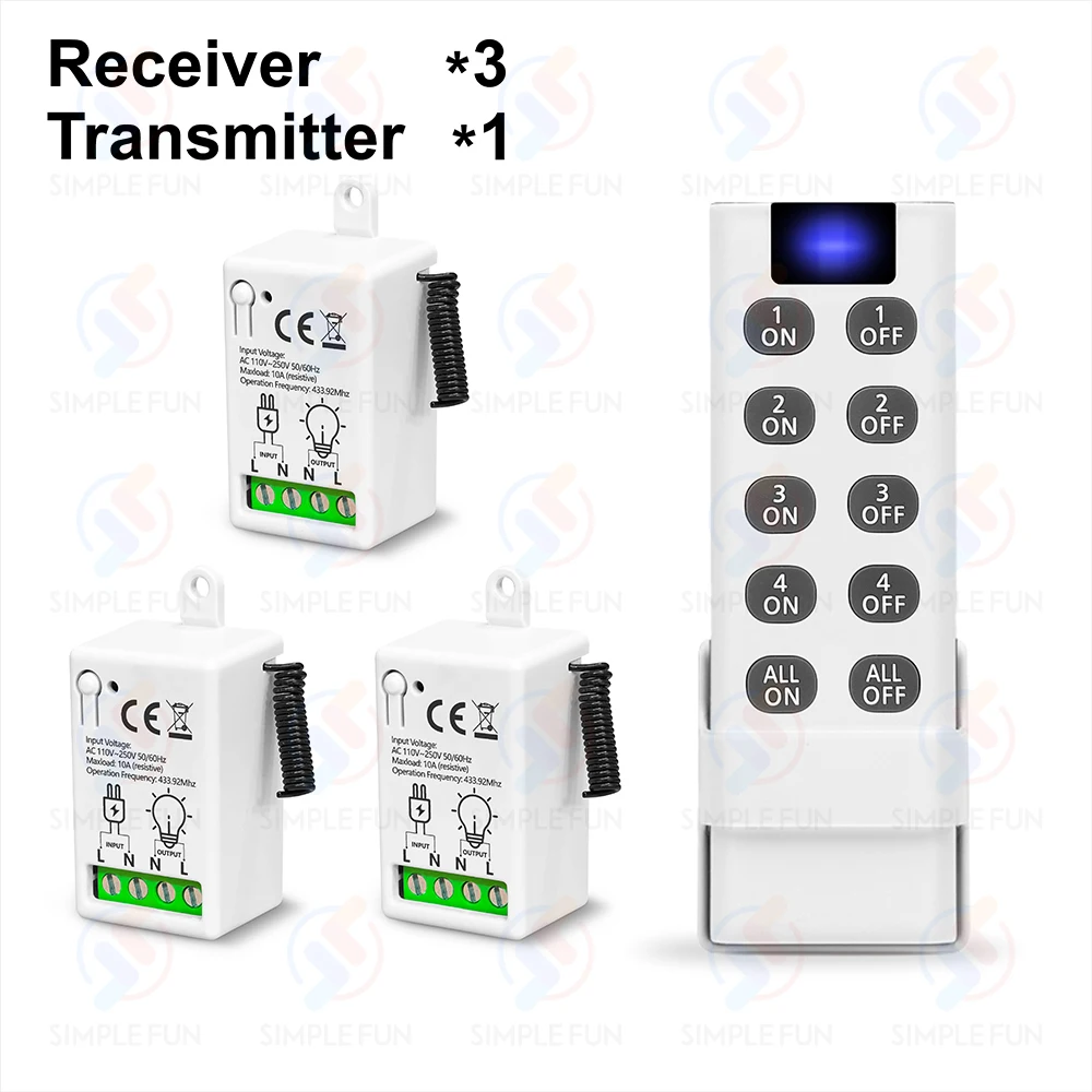 433 MHz kabelloser Fernbedienungs-Lichtschalter, 110 V, 220 V, 230 V, 10 A, 4-in-1-Sender, ALLE EIN/AUS, Mini-Unterbrecher für Lampen-LED-Lüfter