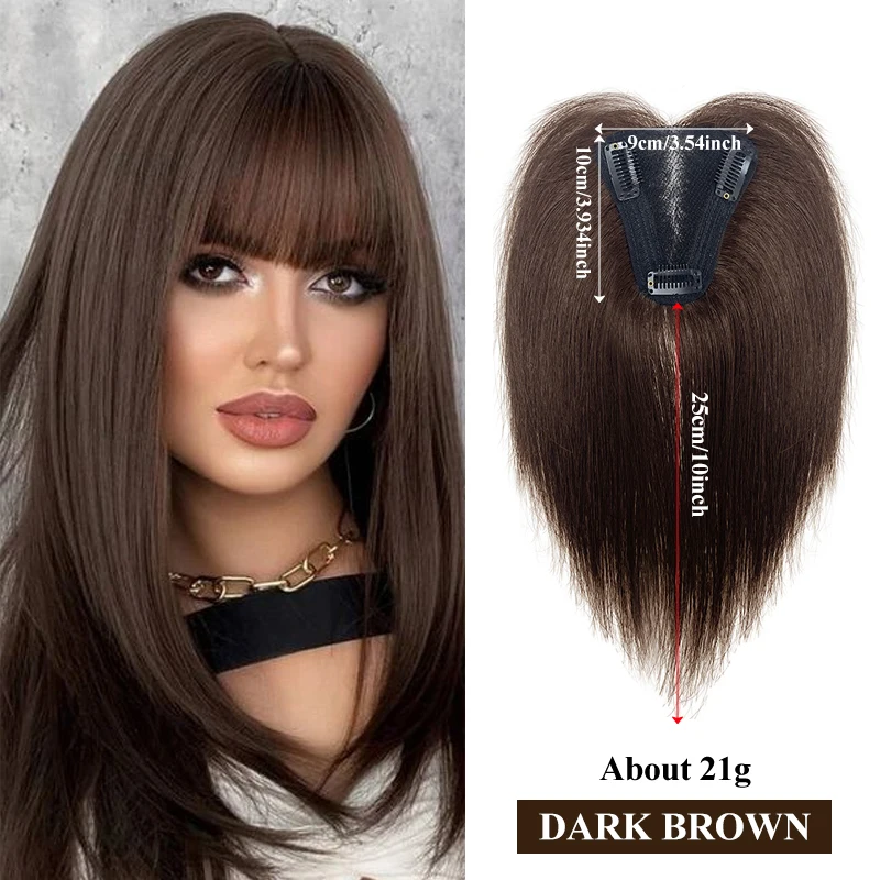 Grampo de cabelo humano na extensão Topper com Bangs, preto Dark Brown, Top Peruca Piece, Hairnet, 10 ", 3.54*4"