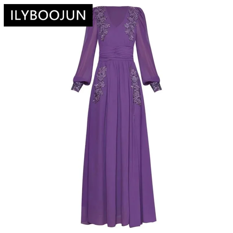 

ILYBOOJUN Fashion Designer Autumn Maxi Dress Women V-Neck Lantern Sleeve Beading Appliques Folds Elegant Party Slit Long Dress