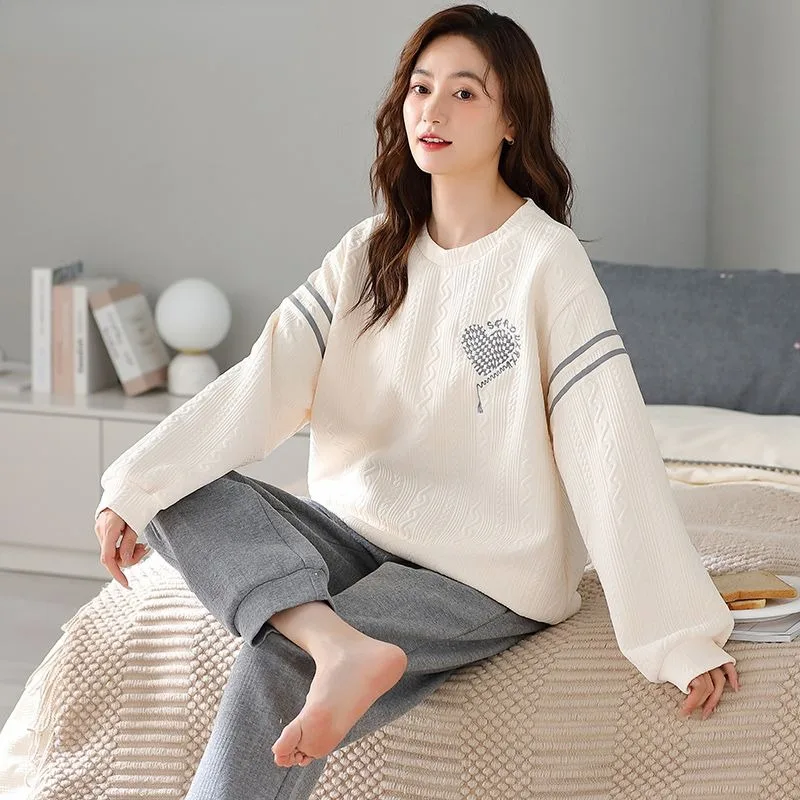 2024 New Pajamas Spring Autumn Women's Long Sleeved Sleepwear Air Cotton Interlayer Loungewear Thin Clip Cotton Homewear Set