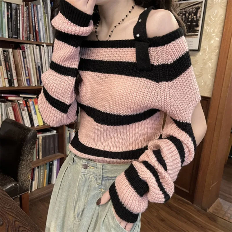 

2025 New Spring Autumn Women Trendy Off-Shoulder Pink Sweater Lady Casual Fashion Hole Stripe Knitted Top Daily Pullovers Female