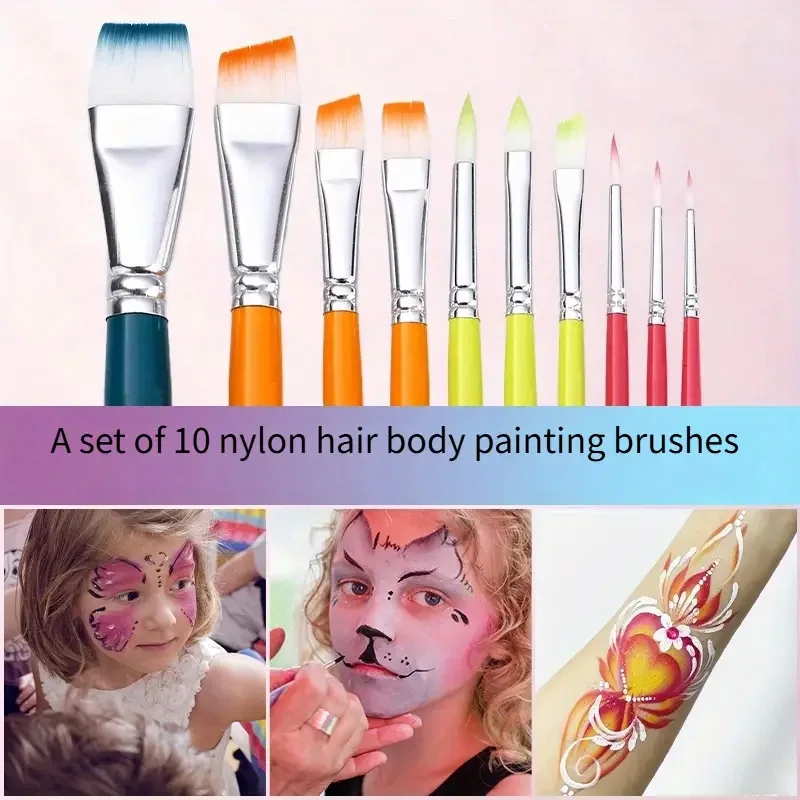 10 Pcs/Set Flat Body Paint Brushes Set Multifunctional Nylon Hair Painting Brushes Artist Brushes Face Body Paint Brushes