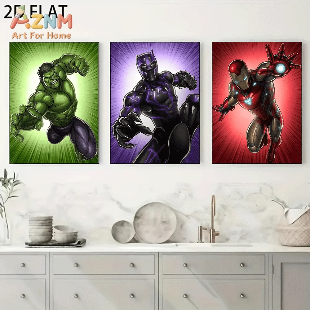 AZNM Comic Superhero Canvas Wall Art Frameless Poster Hulk Black Panther Iron Man Burst Background Print Home Decor for Boys Bed