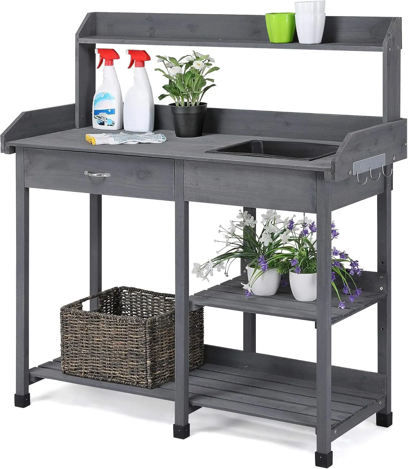 

Outdoor Potting Bench Table Potters Benches Garden Workstation for Horticulture with Drawer Adjustable Shelf Rack Removable