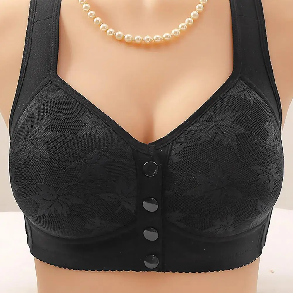 

Women Bra Plus Size Front Closure Adjustable Shoulder Strap Floral Embroidery Push-up Anti-snagging Wireless Mid-aged Women Bra