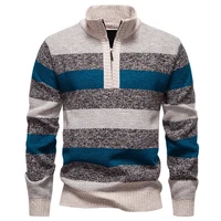 2025 Autumn Winter Knitting Pullovers Men Patchwork Striped Fashion Stand Collar Pull On Knitted Sweater Man Thick Warm Knitwear 5