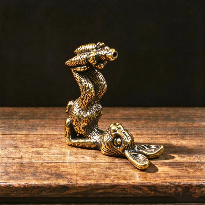 Brass retro-style distressed finish playful rabbit kicking a carrot sculpture copper handicraft