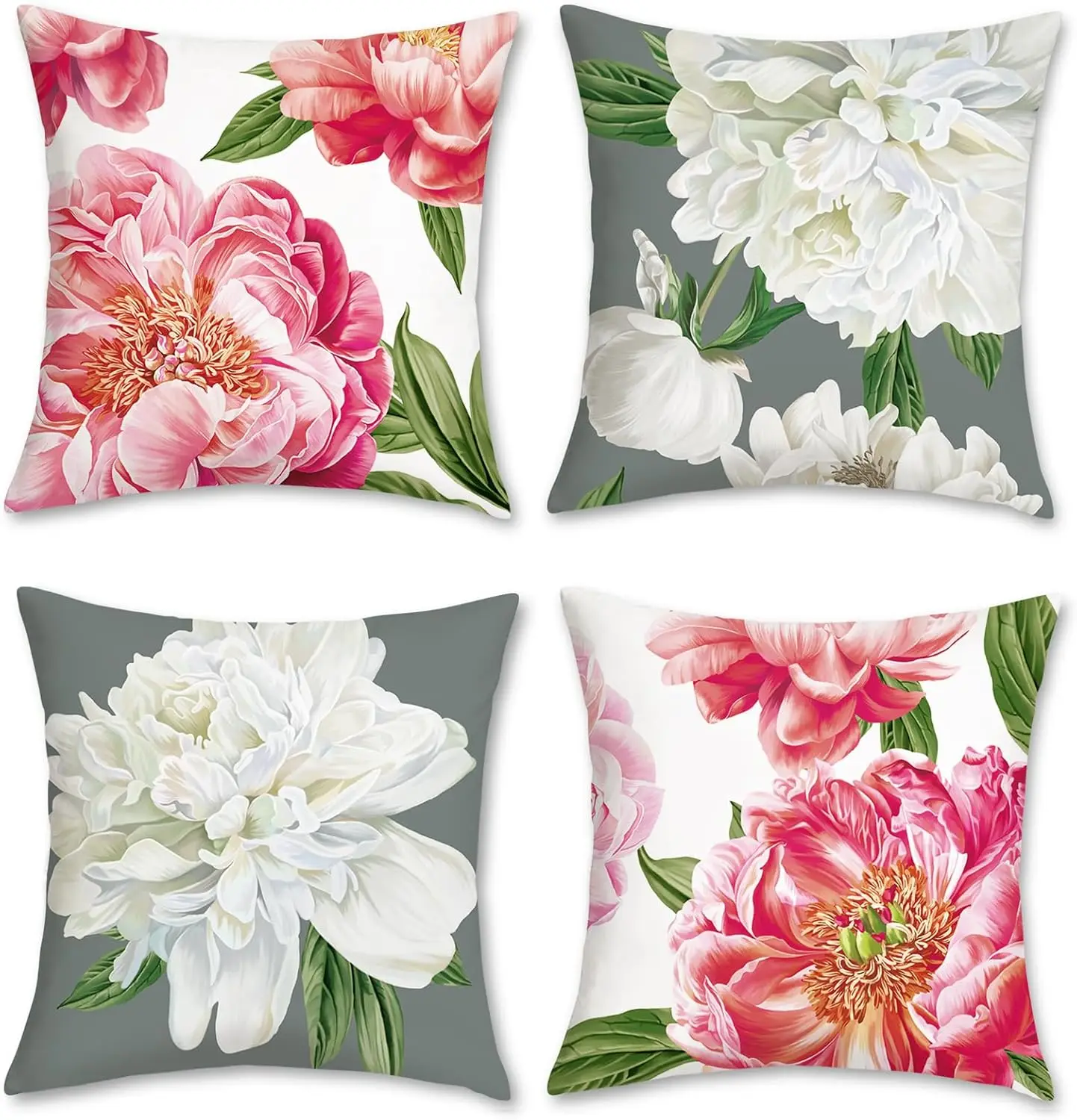 4pcs Pink White Peony Flower Gray Background Printed Pillow Cover Polyester Cushion Case 2D Flat Printing Pillowcase Now