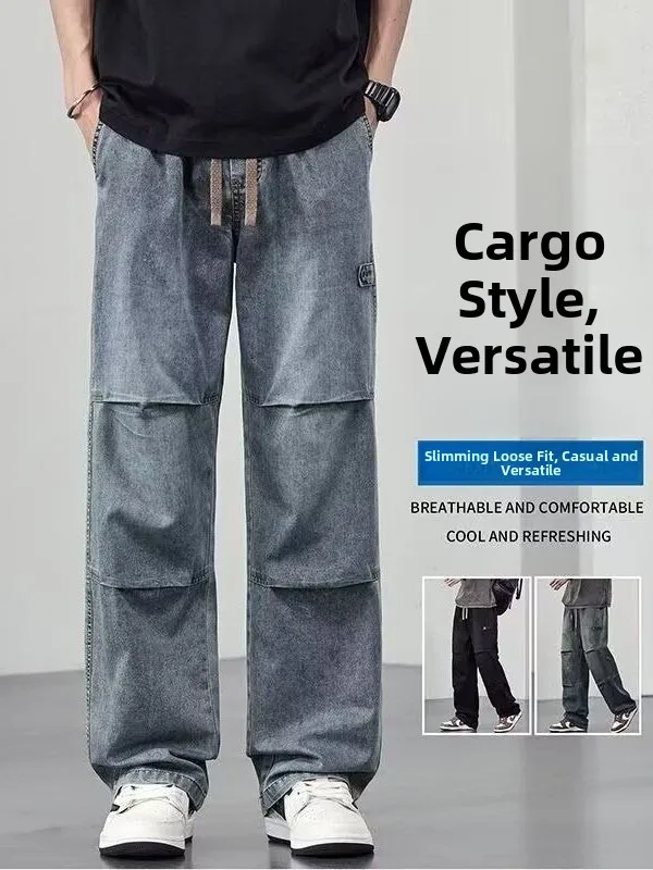 

American Retro Pleated Jeans Men's Spring Summer Thin Faion High Street Loose Straight Casual Workwear Long Pants