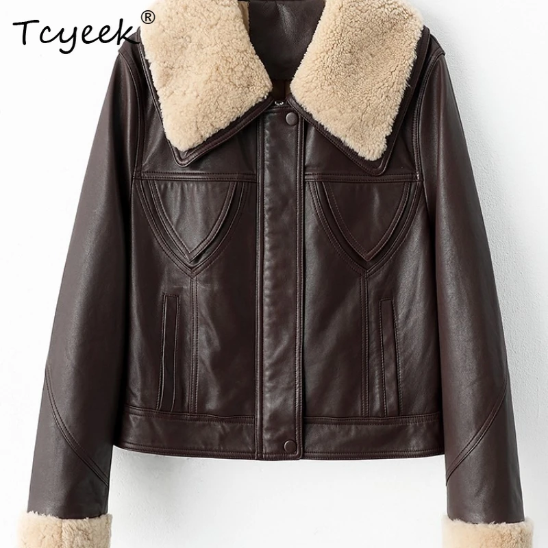 Tcyeek Goatskin White Goose Down Autumn Winter Lapel Retro Women's Genuine Leather Jacket Jaqueta De Couro Legítimo Feminina