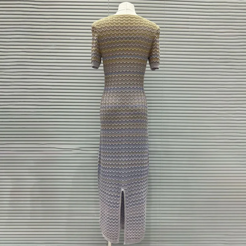 CHUJIE 2025 サマーニットワンピース |   カラーグラデーションデザインラウンドネックスリムフィットTシャツドレス |   ファッションレディースドレス