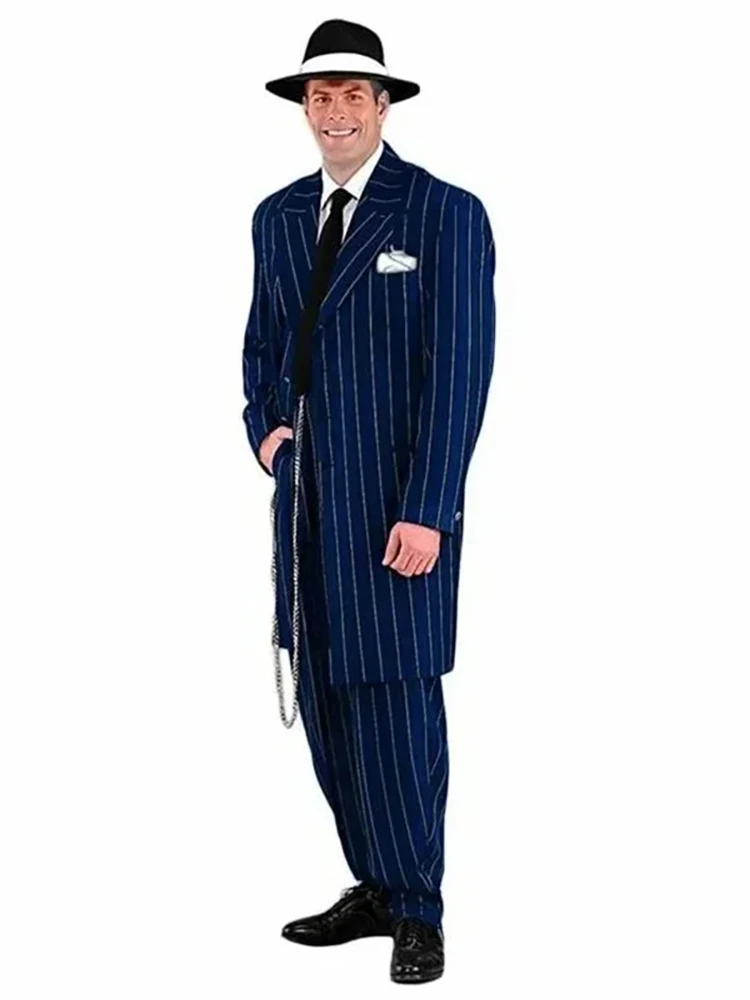 Mode krijtstreep herenpakken elegante enkele rij knopen notch revers lange blazer formele gelegenheid dagelijkse reis 2-prijs jas broek - afbeelding 2
