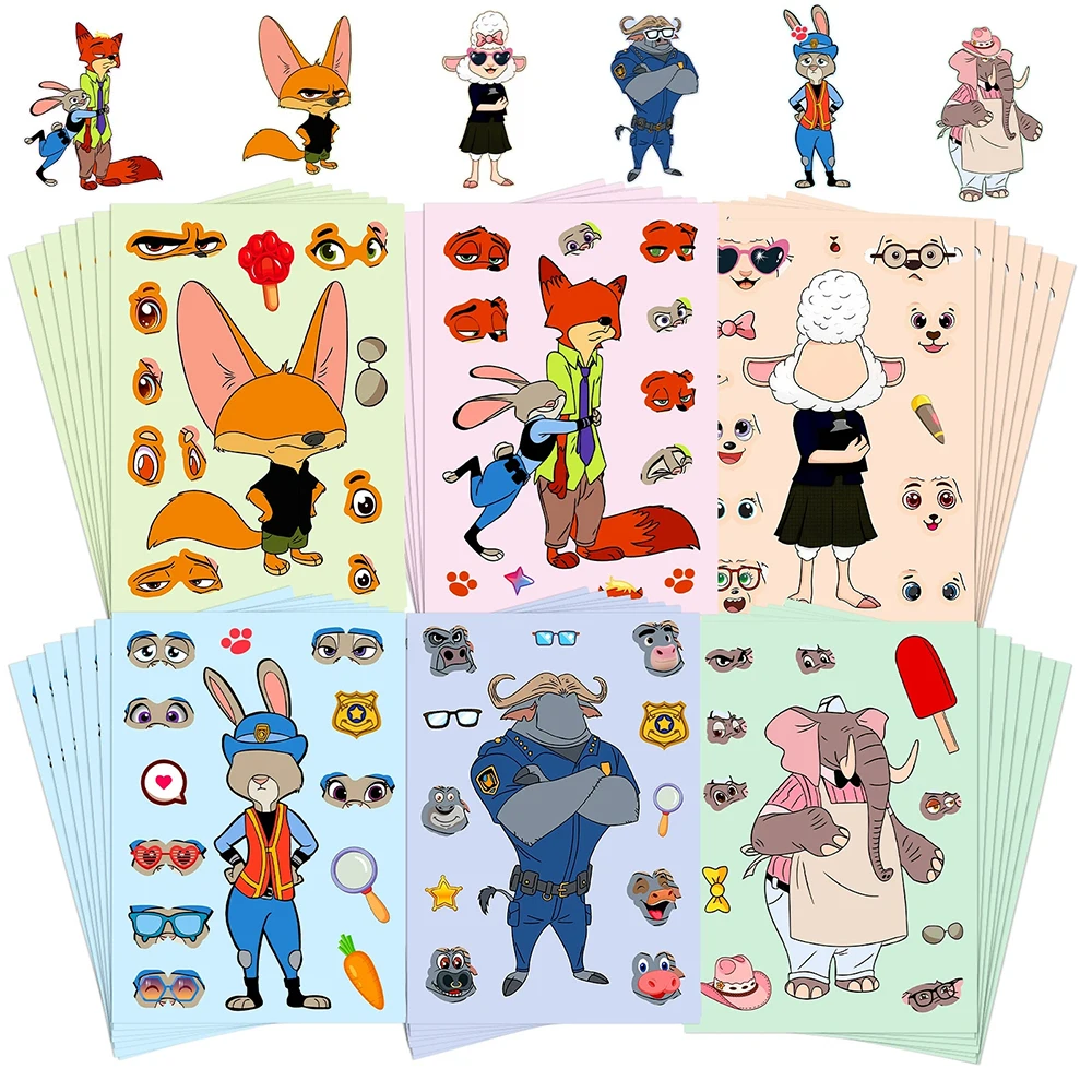 

6/12sheets Funny Cartoon Disney Zootopia Puzzle Stickers Cute Anime Make a Face DIY Assemble Jigsaw Decals Toy Party Decoration