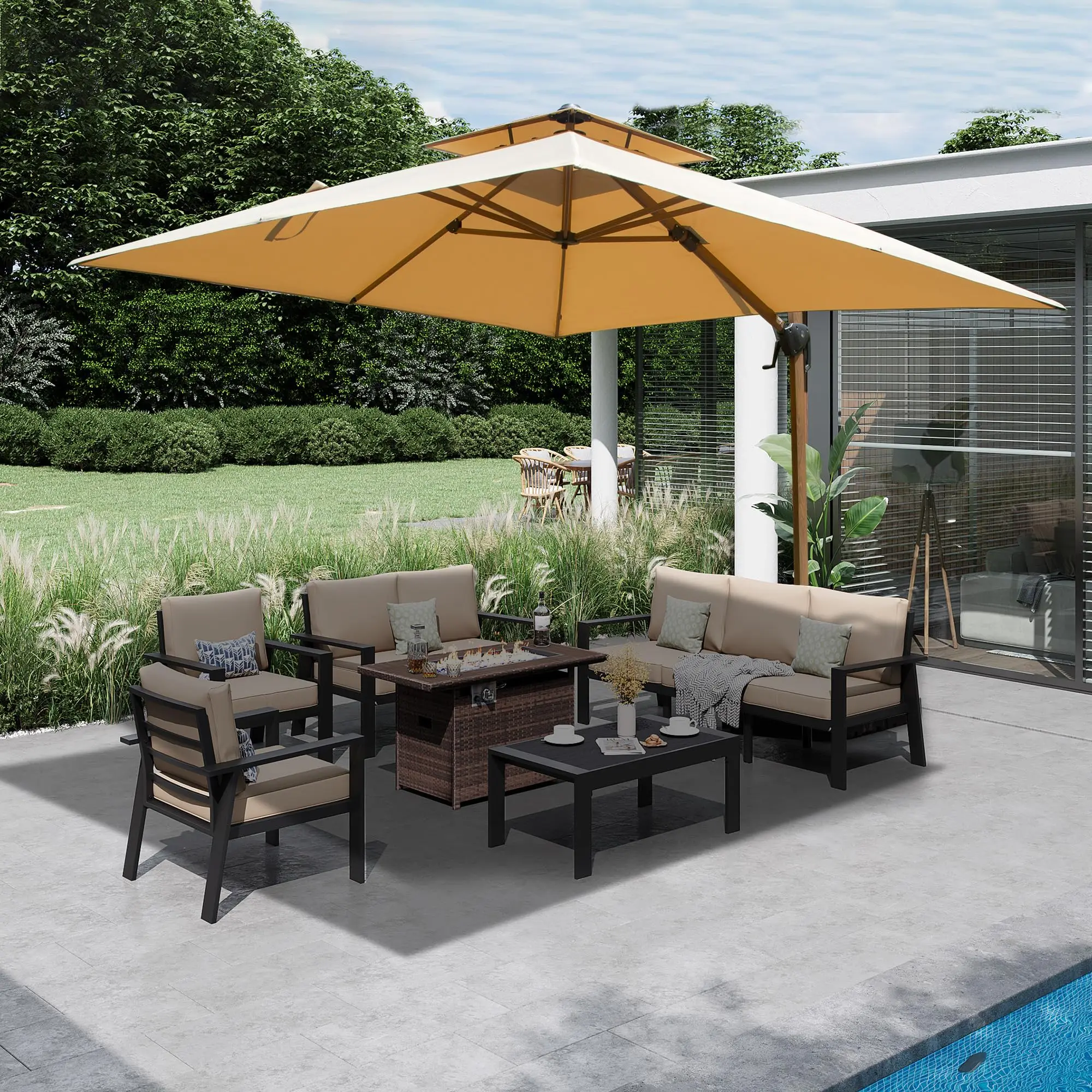 

2.7*2.7M Cantilever Patio Umbrella 360 Degree Rotation Easy Tilt Adjustment Windproof Wood Grain Aluminum Square Offset Umbrella
