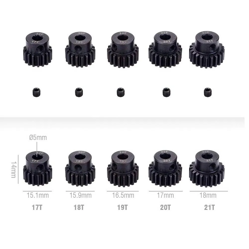 32P 5mm Pinion Gear 17T 18T 19T 20T 21T Hardened Metal Motor Gear Set for RC Buggy Car Monster Truck(for 0.8 Metric Pitch)