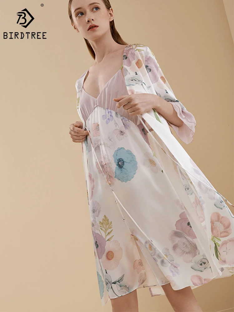 

BirdTree 16MM 100%Mulberry Silk Elegant Nightgown,Plain Crepe Satin Women's Comfortable Breathable Robe Spring Summer P41908QD