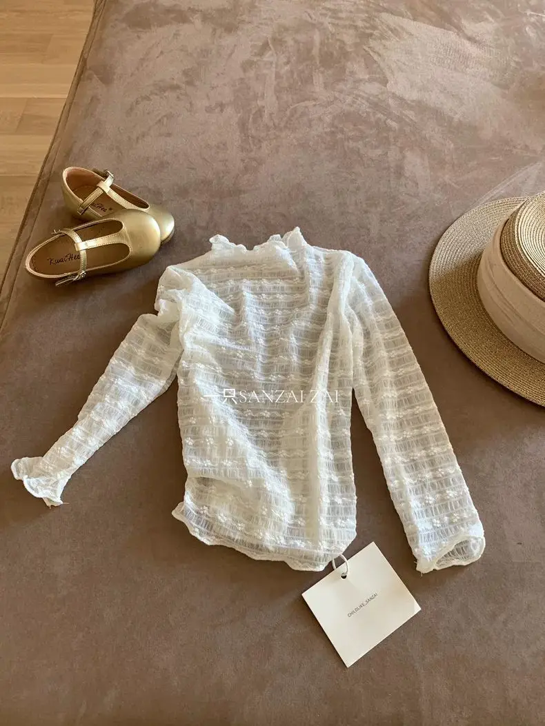 Girls Lace Mock‑Neck Long Sleeve Undershirt Kids Jacquard Sheer Layering Top Spring Fashion Children Inner Wear Blouse