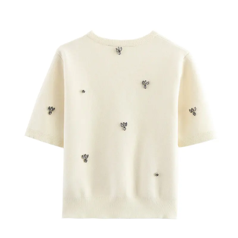 2025년 봄 여성용 부드러운 라운드넥 반팔 니트 탑 신상 패션 주얼리 비즈 디자인 (25-35세)