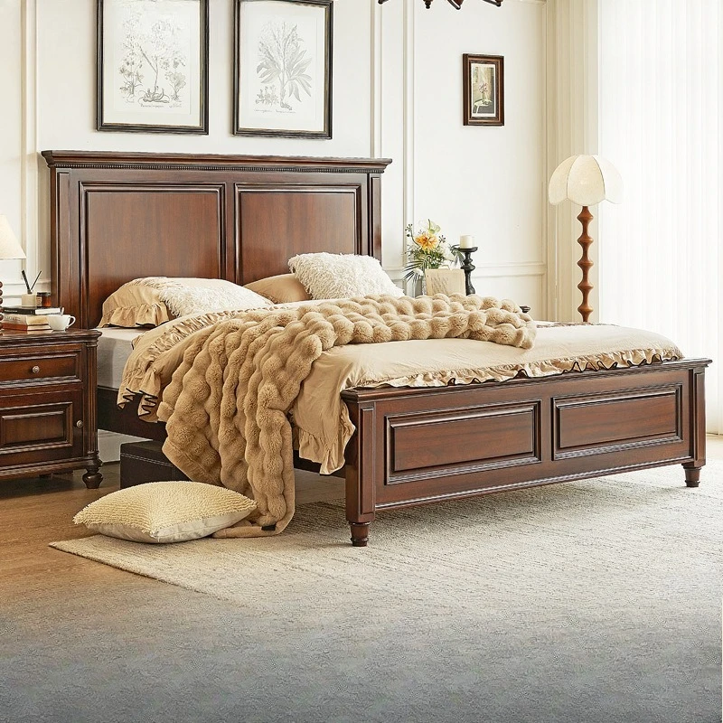 American solid wood retro double bed, flat head bed large simple master bedroom wedding bed French
