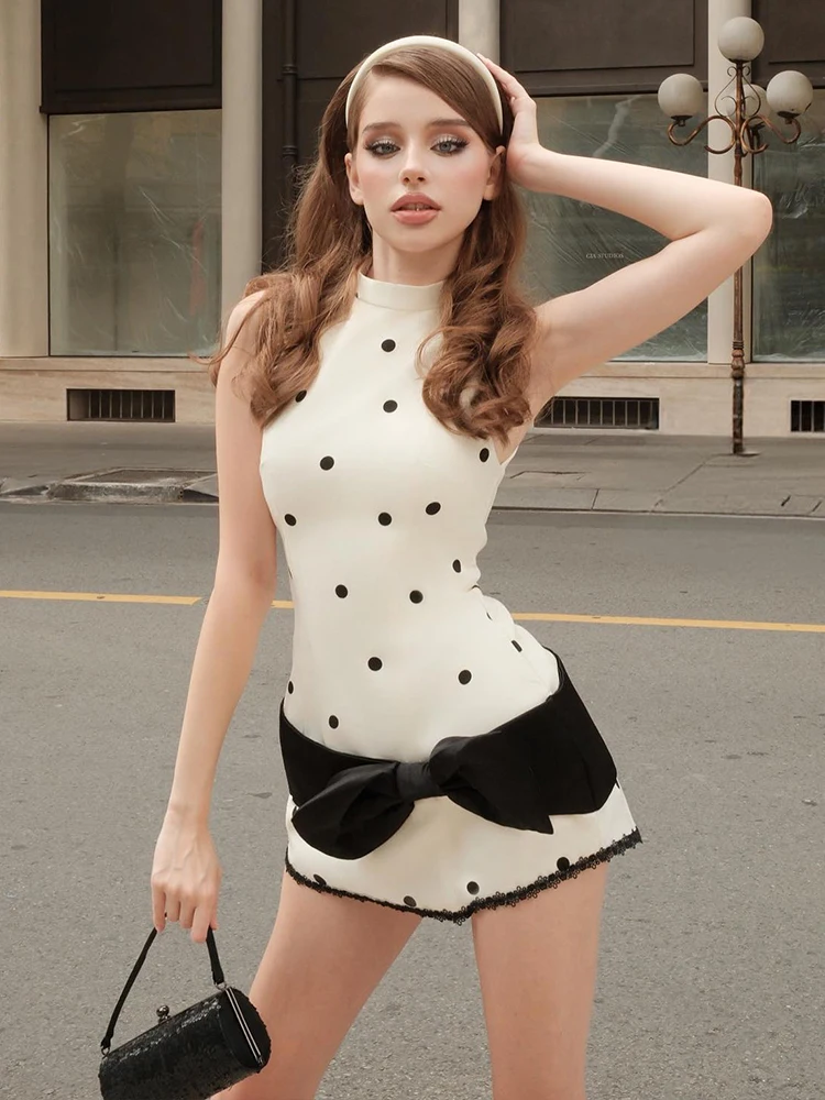 Sisterlinda Chic Polka Dot Print Kleid Frauen Sexy Süße Bogen Patchwork Spitze Ärmellose Oansatz Stretch Dünne Party Straße Bodycon