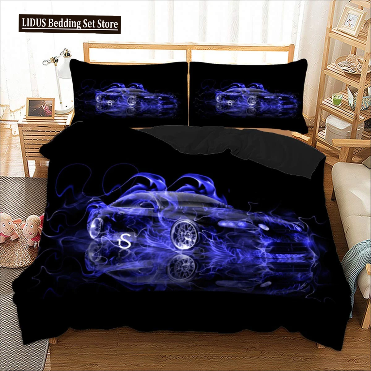 

Sport Racing Car Duvet Cover Set Blue Race Car Bedding Set Full Size Boys Blue Flame Extreme Speed Sports Car Comforter Cover